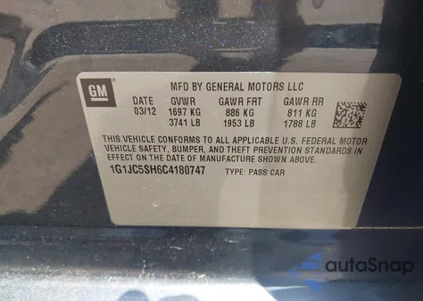 2012 Chevrolet Sonic 2Lt from USA, damaged, VIN 1G1JC5SH6C4180747